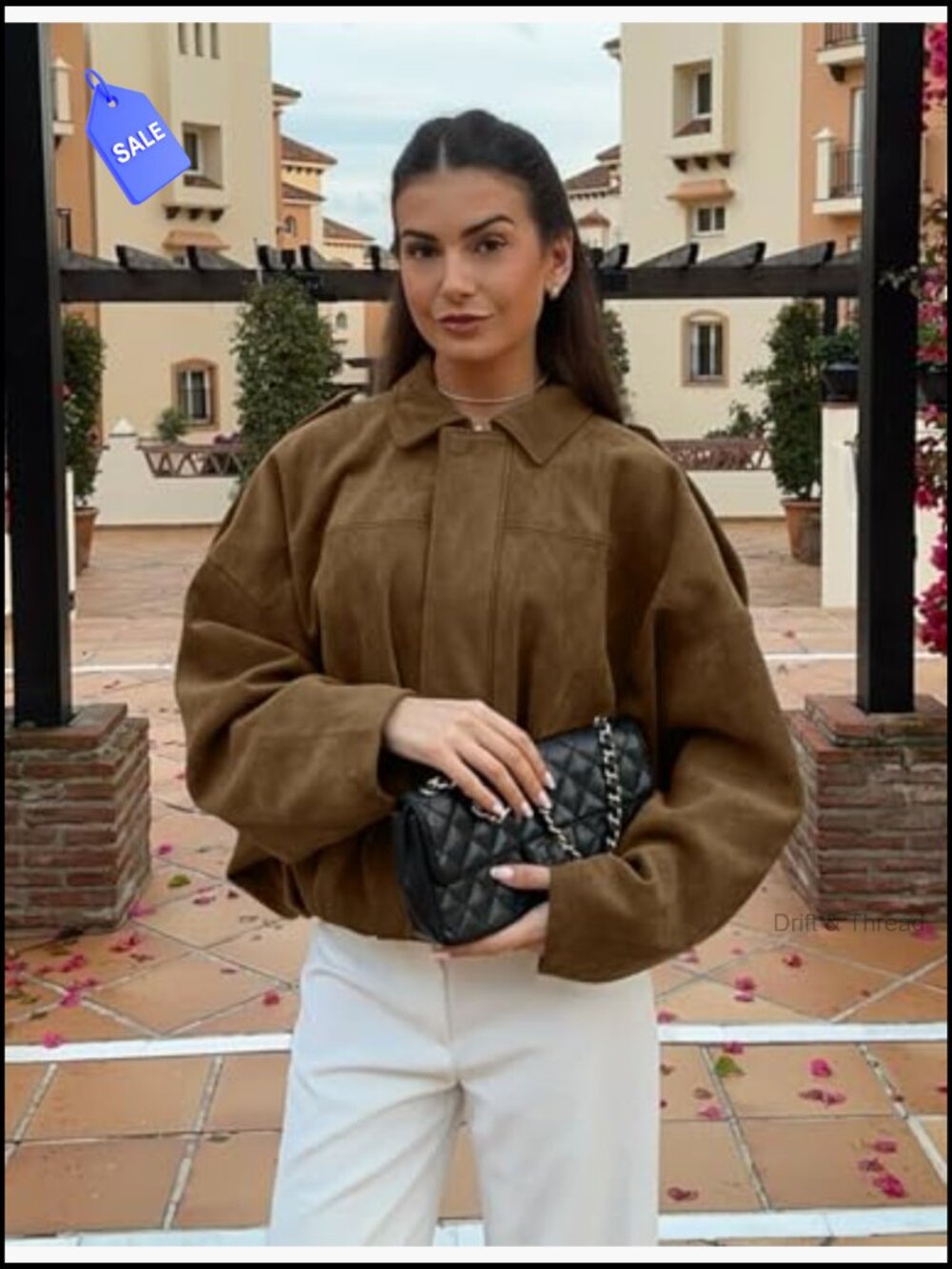 Faux Suede Bomber Jacket Oversized Batwing Long Sleeve Cropped Coat Streetwear - Picture 2 of 7